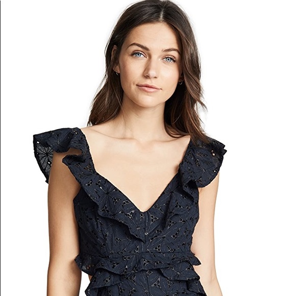ASTR ALEXIS ROMPER Ruffle Cut Out Back Eyelet Floral Embroidery Dark Blue - Picture 11 of 16